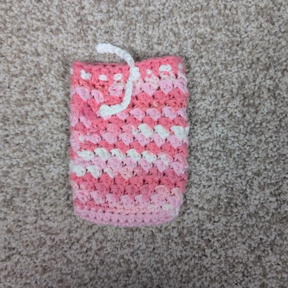 Handmade Crochet Soap Pouch Bag Pink White Ombre Drawstring Bath Shower